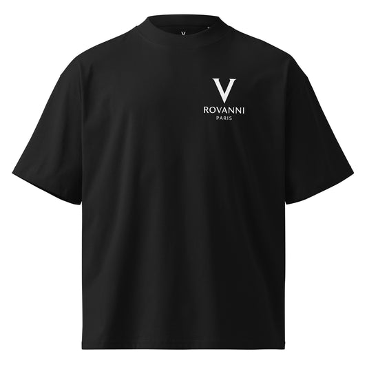 Front view of Rovanni Paris oversized high neck white t-shirt featuring bold black logo across the back