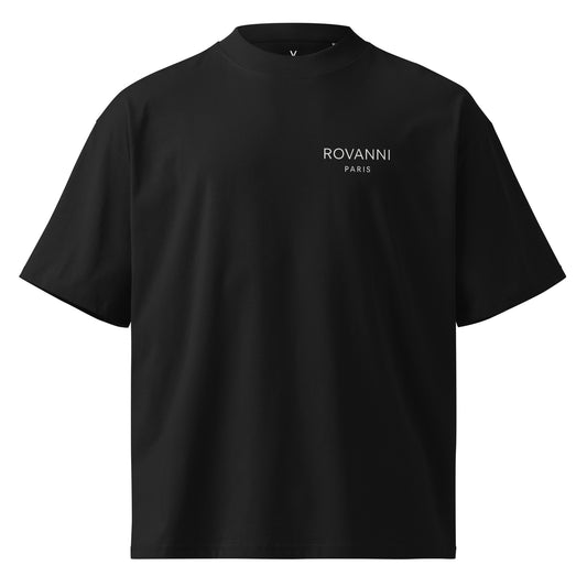 Front view of Rovanni Paris oversized high neck white t-shirt with small logo