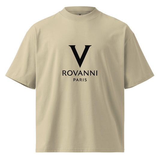 Front view of Rovanni Paris oversized high neck stone t-shirt in beige color with bold V logo on chest