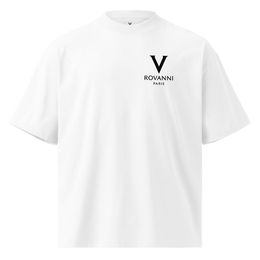 Front view of Rovanni Paris oversized high neck white t-shirt featuring bold black logo across the back