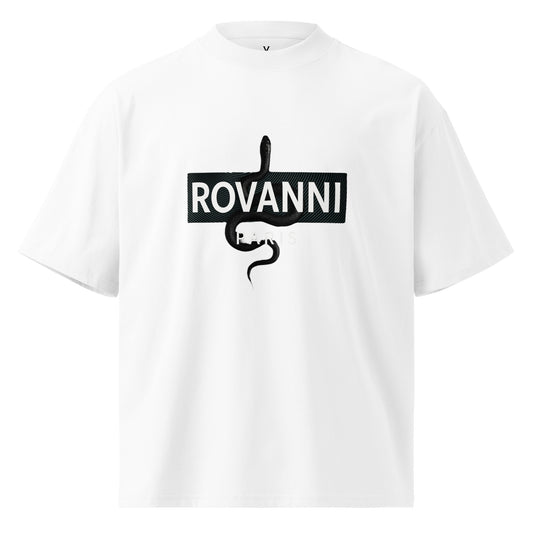 Front view of Rovanni Paris Serpent Emblem oversized white t-shirt with black snake design