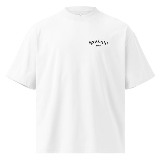 Front view of Rovanni Paris oversized high neck white t-shirt with small logo
