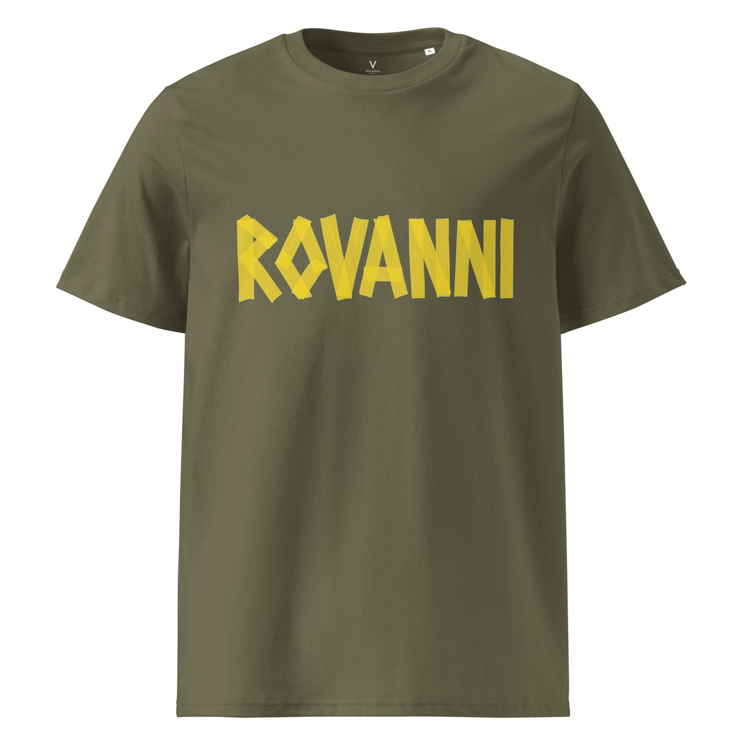 Front view of Rovanni Paris Bold Block Logo T-Shirt – Army Green & Yellow