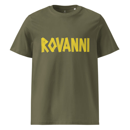 Front view of Rovanni Paris Bold Block Logo T-Shirt – Army Green & Yellow